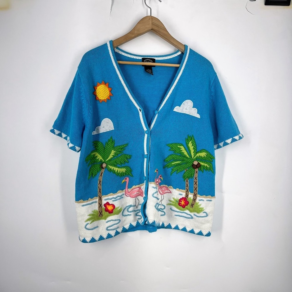 Designers Studio Originals Blue Tropical Flamingo Palm Tree Cardigan Sweater L‎